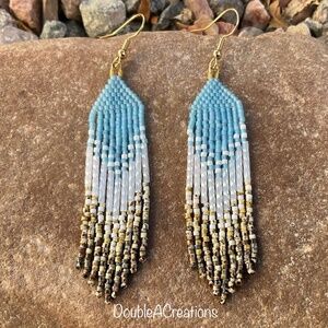 Sky Blue Beaded Earrings with Picasso Fringe, New, Handmade by Me